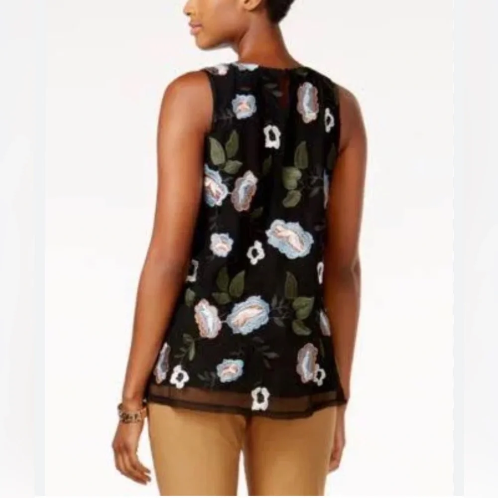 Charter Club semi sheer Black Floral Embroidered Mesh Tank Blouse Top‎